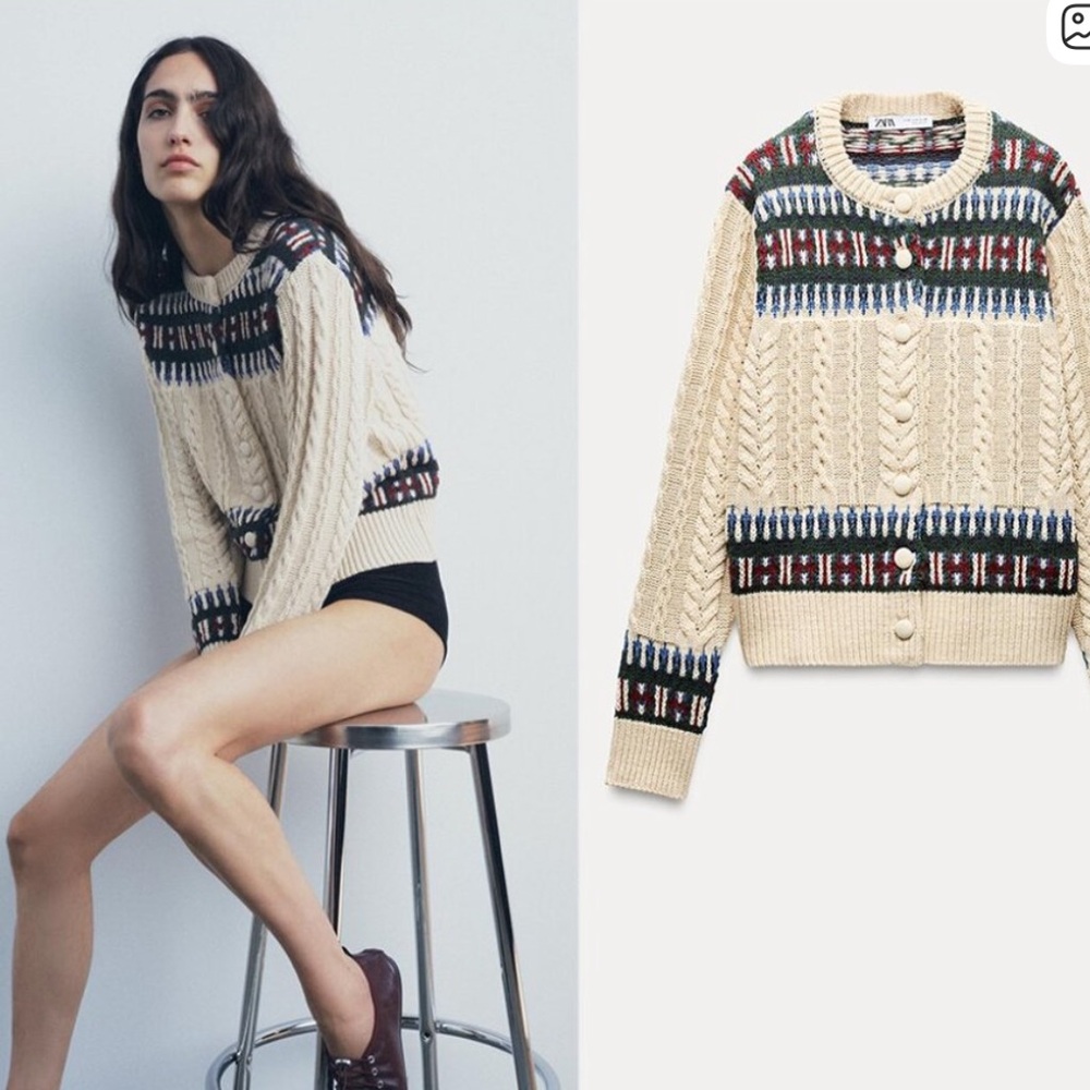 Zara size large jacquard knit cardigan cream blue green red EUC
